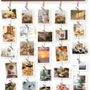 Hanging Photo Display with 30 Clips and Linen Board, Rustic Wood Picture Frames Collage for Wall Decor, Vintage Dorm Room Bedroom Home Decor, Gifts for Women, Teens and Girls (Beige)