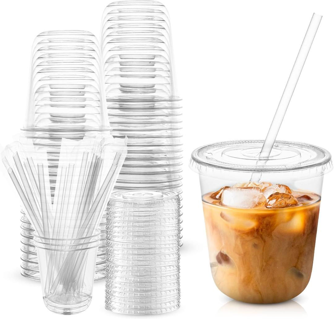 TINSKY 50 Sets Clear Plastic Cups with Lids and Straws, Disposable Iced Coffee Cups Drinking PET for Cold Drinks, Juice, Smoothie, Coffee Shops, Party, Christmas(Clear,12 oz)