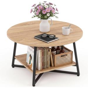 YANPU Round Coffee Table, 2-Tier Wood Coffee Table with Storage Shelf, Modern Circle Wood Desktop for Living Room, Home Office, Apartment, 36" Round