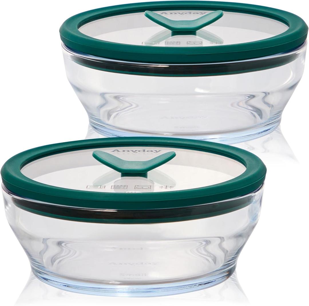 Anyday 2-Pack (2-Cup) Glass Food Storage Set with Glass Lids | Plastic-Free Meal Prep Set | Stackable Airtight Storage Container Set with Vented Lid for Microwave-Safe Reheating (Clear - Kale)
