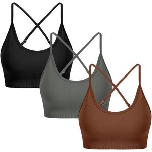 OVESPORT 3 Piece Women's Workout Sports Bras Seamless Tie-dye Strappy Gym Yoga Crop Bra (Medium, Black Dark Grey Coffee)