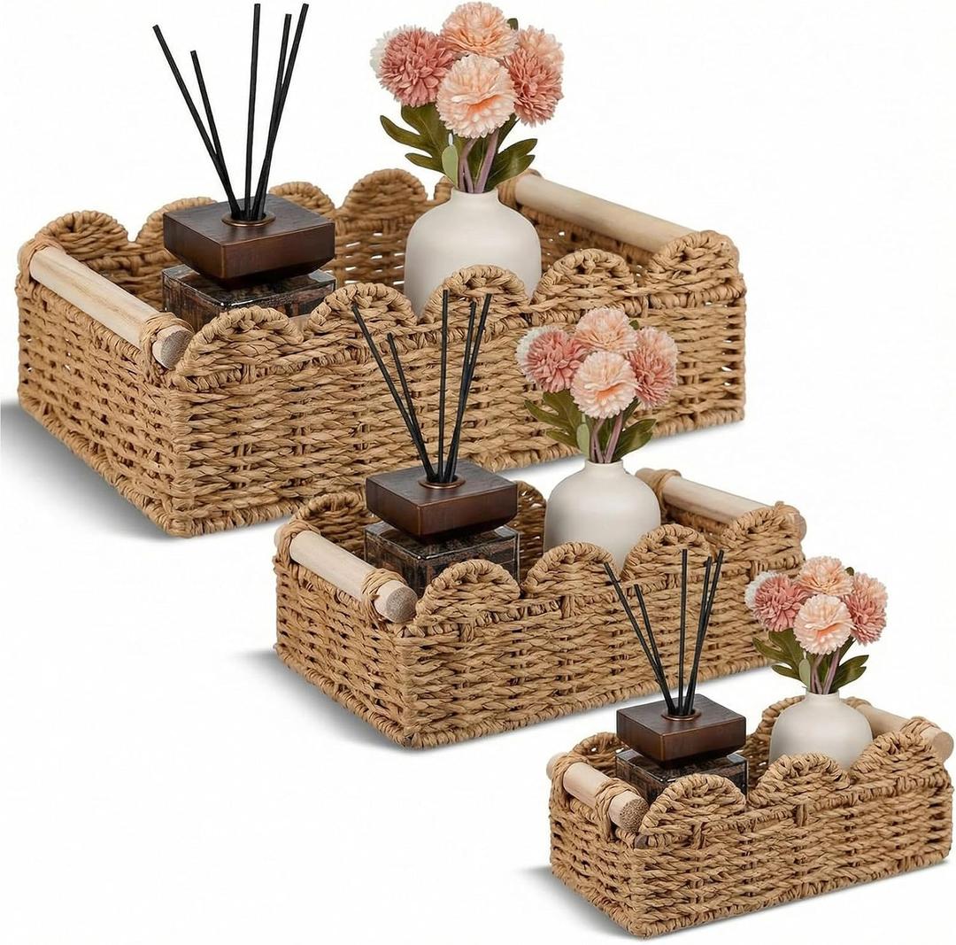 3 Pcs Toilet Paper Storage Basket 3 Size Paper Rope Scalloped Baskets for Bathroom Organizing Living Rooms and Bedroom Countertops