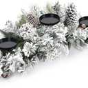 Christmas Centerpiece with 3 Candle Holders, 30 Inch Artificial Xmas Table Decor with Flocked Pine Needles, Frosted Pine Cones and Steel Base, Christmas Centerpieces for Dining Tables
