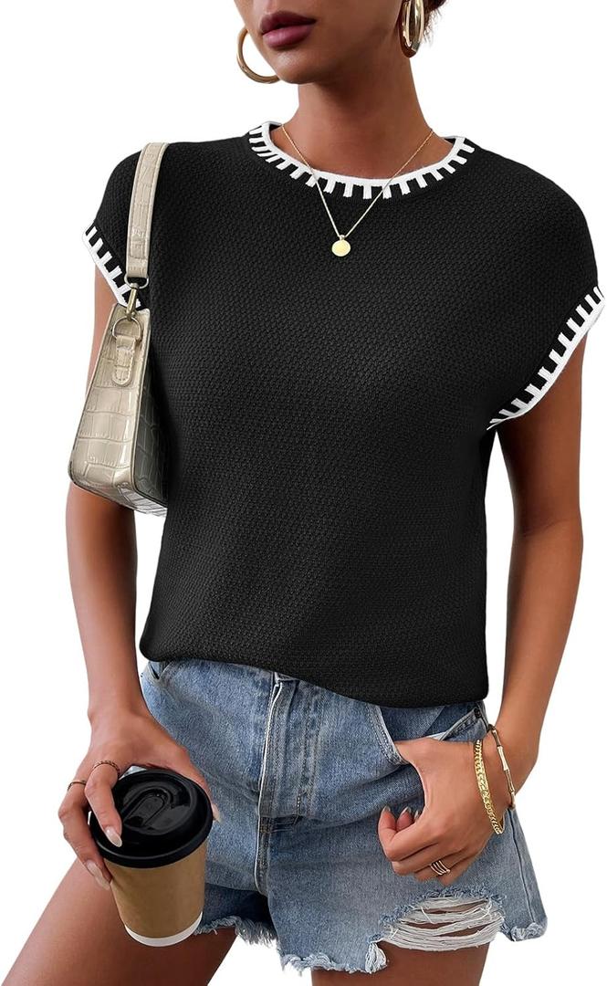 TAKEYAL Spring Sleeveless Sweater Tops for Women 2026 Cap Sleeve Trendy Tank Tops Summer Knit Sweater Vest Fashion T Shirts (Black, M)