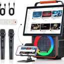 Portable Bluetooth Karaoke Speaker with 14.1” HD Screen, Wireless Screen Mirroring for iOS & Android, 2 Wireless Rechargeable Mics, AUX/USB/TF Card, Dynamic Lyric Display via Bluetooth, Ideal for Home