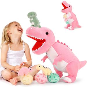 MorisMos Dinosaur Stuffed Animal with Babies,23.6'' Big Mommy Stuffed Dino T-rex with 3 Baby Dino Stuffed Toys & 3 Eggs Plush Inside Belly, Boy Girl Dinosaur Toys for Kids 3-5, Pink T-rex Toys Gift, Pink