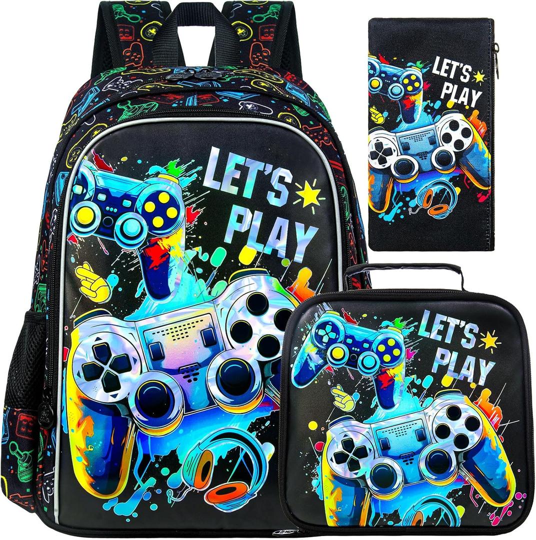 UFNDC 3PCS Boys Backpack,16Kids Dinosaur Bookbag with Lunch Box, School Bag for Elementary Toddler (New Uv Printing Boys Game Backpack)