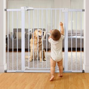 BABELIO 36" Tall Baby Gate, PressGuard P7, 29-48" Auto Close Pressure Mounted Dog Gate for Stairs, Doorways & Hallway, Protector Basics Easy Walk Thru Pet Gate, White