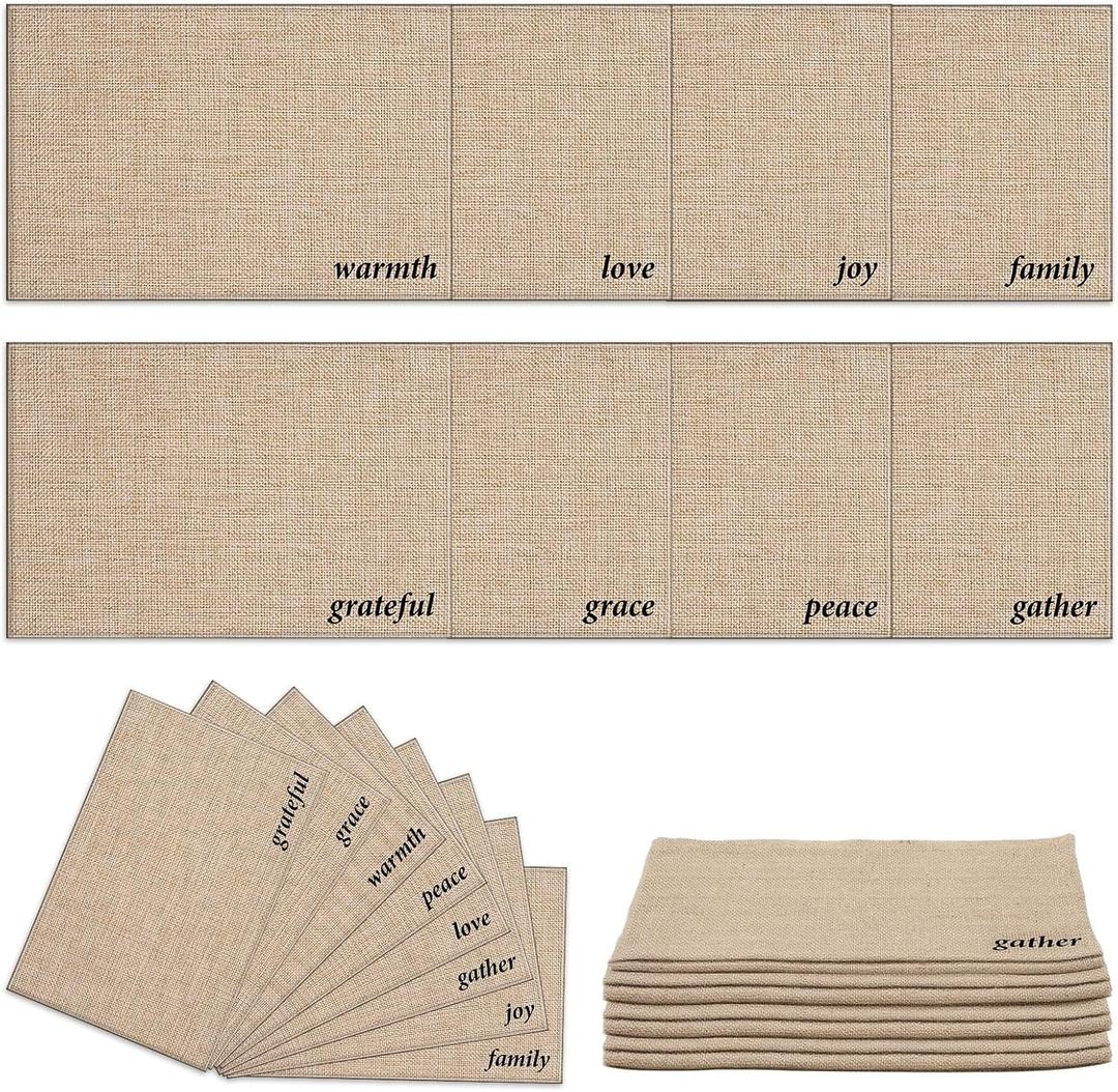 16 Pcs Thanksgiving Rustic Jute Placemat 17 x 11'' Farmhouse Natural Burlap Grateful Grace Warmth Peace Love Gather Joy Family Table Placemat for Fall Thanksgiving Dining Table Decor, 8 Style