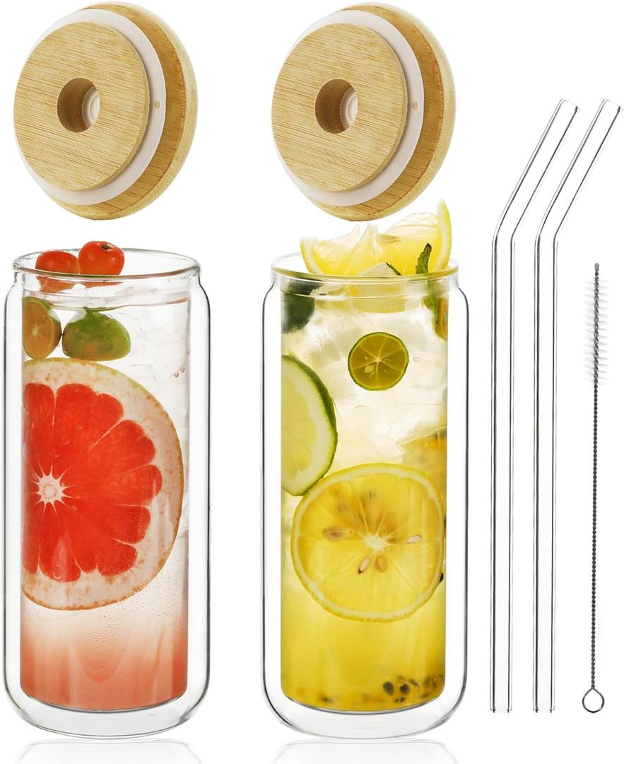 LIBWYS 16oz Double Wall Drinking Glass Cups with Bamboo Lids and Straws, 2 Pc Set Condensation Resistant Insulated Glass Can Tumblers for Cold Drinks, Iced Coffee, Tea, Juice, Cleaning Brush