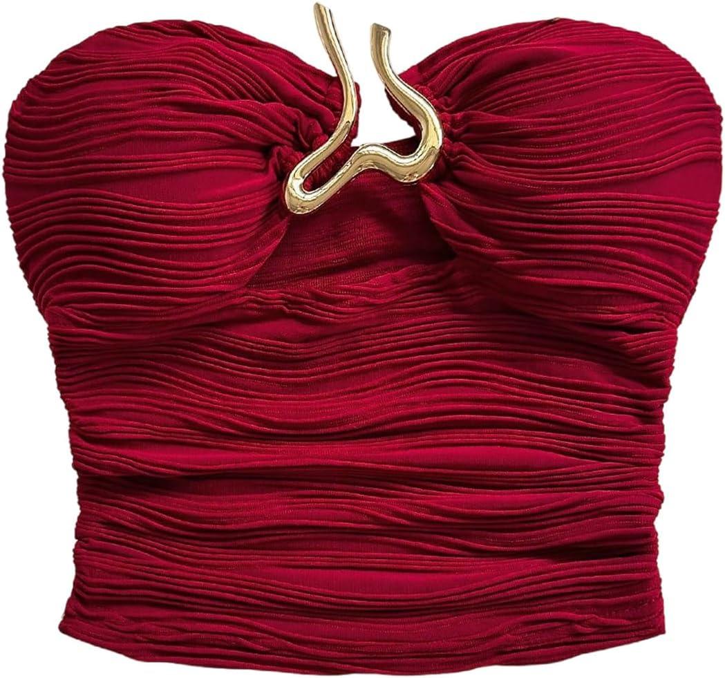 SOLY HUX Women's Summer Tube Tops Strapless Sleeveless Cut Out Ruched Bandeau Y2k Going Out Crop Top Plain Red Small (S)