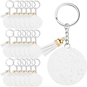 Sureio 20 Set Acrylic Keychain Blank with Key Rings 20 Pcs 1.97'' Glitter Acrylic Blanks 20 Pcs Keychain Tassels for DIY (White,Glittery)