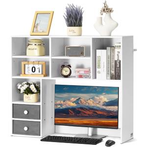 VEVOR Desktop Bookshelf, 3-Tier Desktop Storage Organizer, 37" x 10" x 31.1" Office Storage Rack Wood Display Shelf, Desktop Bookshelf Hutch with 2 Fabric Drawers, for Office, Home & Dorm, White, 3 Shelves