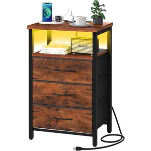 Yoobure Night Stand with Charging Station, 16 Colors LED Nightstand with USB Ports and Outlets, End Table with 3 Fabric Drawers and Storage Shelf, Bedside Tables Small Dresser for Small Space, Brown