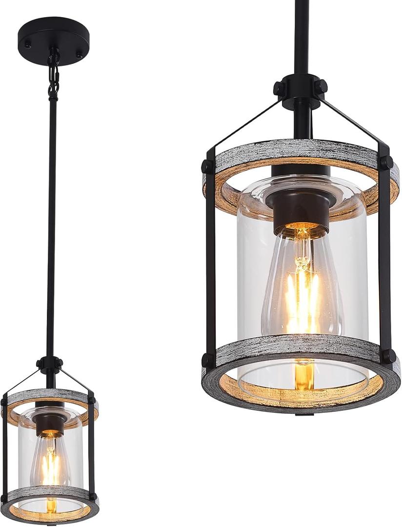 Farmhouse Glass Pendant Light Fixtures,Wood Pendant Light,Adjustable Rustic Farmhouse Pendant Light for Foyer, Sink, Kitchen Island, Porch (1 Light)