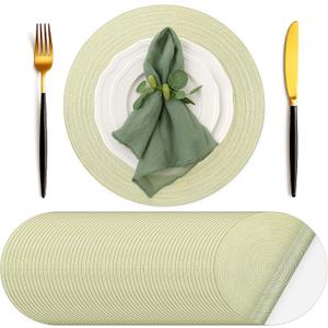 Geosar 100 Pcs Disposable Paper Placemats Cotton Woven Look 13'' Round Placemats Rustic Disposable Table Pads Bulk for Dining Table Decoration Birthday Wedding Bridal Baby Shower Party (Light Green)
