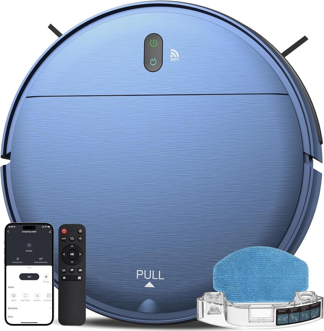 Robot Vacuum and Mop Combo,2.4GHz WiFi Link Vacuum Robot,4 Cleaning Mode Robotic Vacuums Cleaner,APP/Remote Aspiradora Robot,Self-Charging Robot Vacuum for Pet Hair,Stains,Carpets,Corner (Blue)