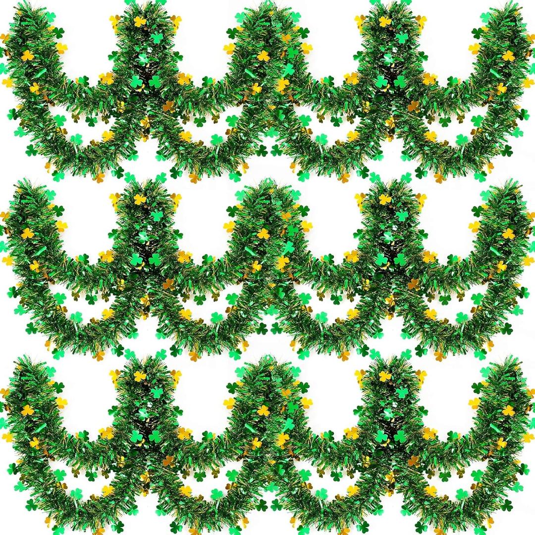 52ft St Patricks Day Decorations Irish Tinsel Garland Red Pink Heart Gold Green Shamrock Tinsel Garland for Home Indoor Outdoor Wedding Hanging Valentines Irish Holiday Party Decor