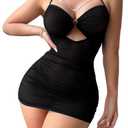 Foxiny Plus Size Curvy Sexy Chain Sheer Mesh Ruched Bodycon Mini Lingerie Dress with Thong 2 Piece Set Outfits Women See Through Halter Night Gown Negligee Black XXL