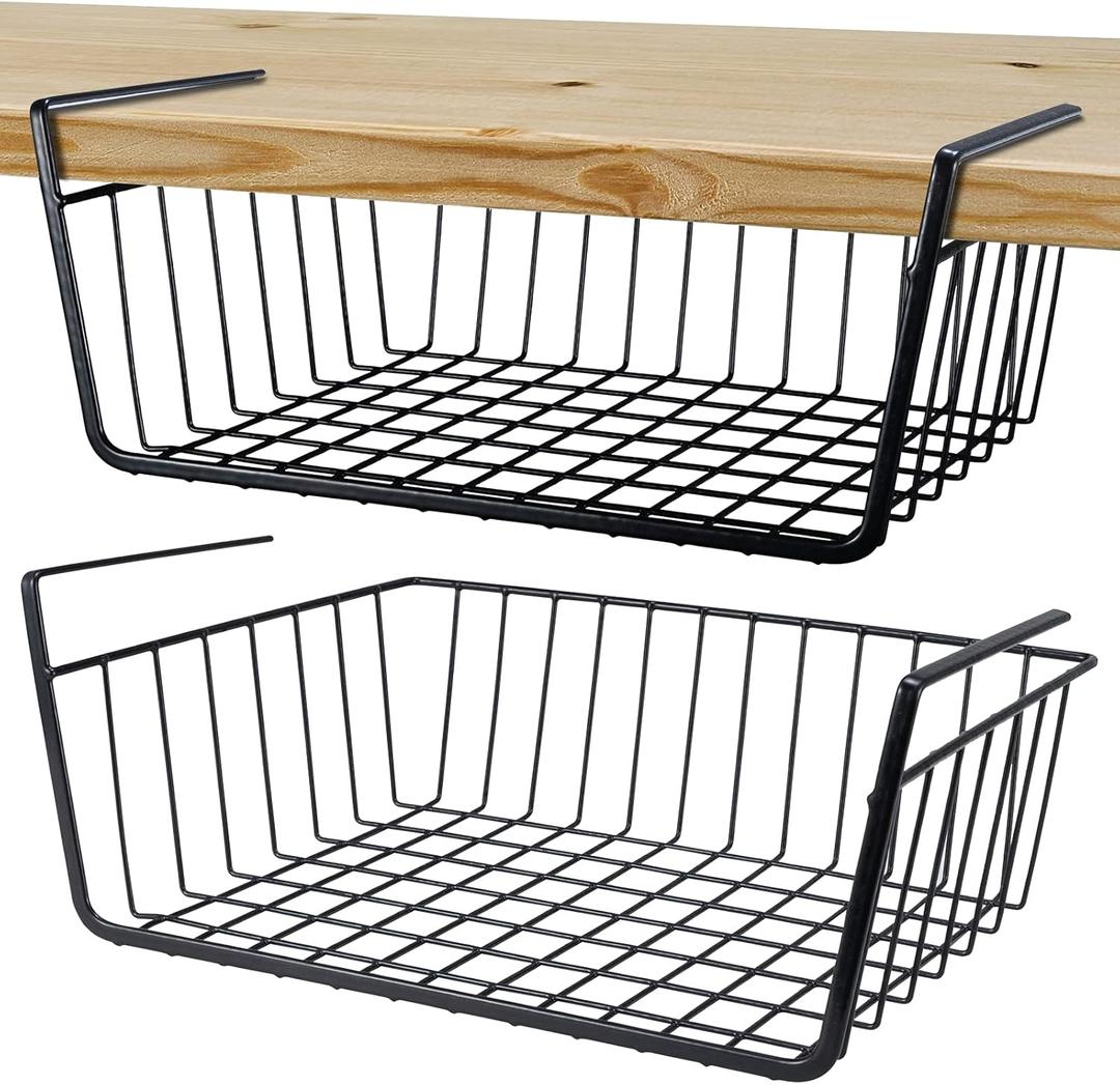 Undershelf Storage Basket Under Shelf Wire Basket Household Metal Under Shelf Hanging Storage Bin Basket Slides Under Shelves for Storage Space Saving for Kitchen Pantry Bookshelf (Medium, 2 PCS)