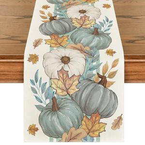 Artoid Mode Blue Pumpkin Maple Leaf Stripes 210 GSM Fall Table Runner, Seasonal Autumn Kitchen Dining Table Decoration for Home Party Decor 13x72 Inch