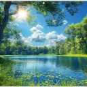 Fabric 8x6ft Lake Natural Scenery Backdrop River Forest Tree Blue Sky Bokeh Background Picnic Camping Hiking Spring Outdoor Party Decorations Photoshoot Banner Props