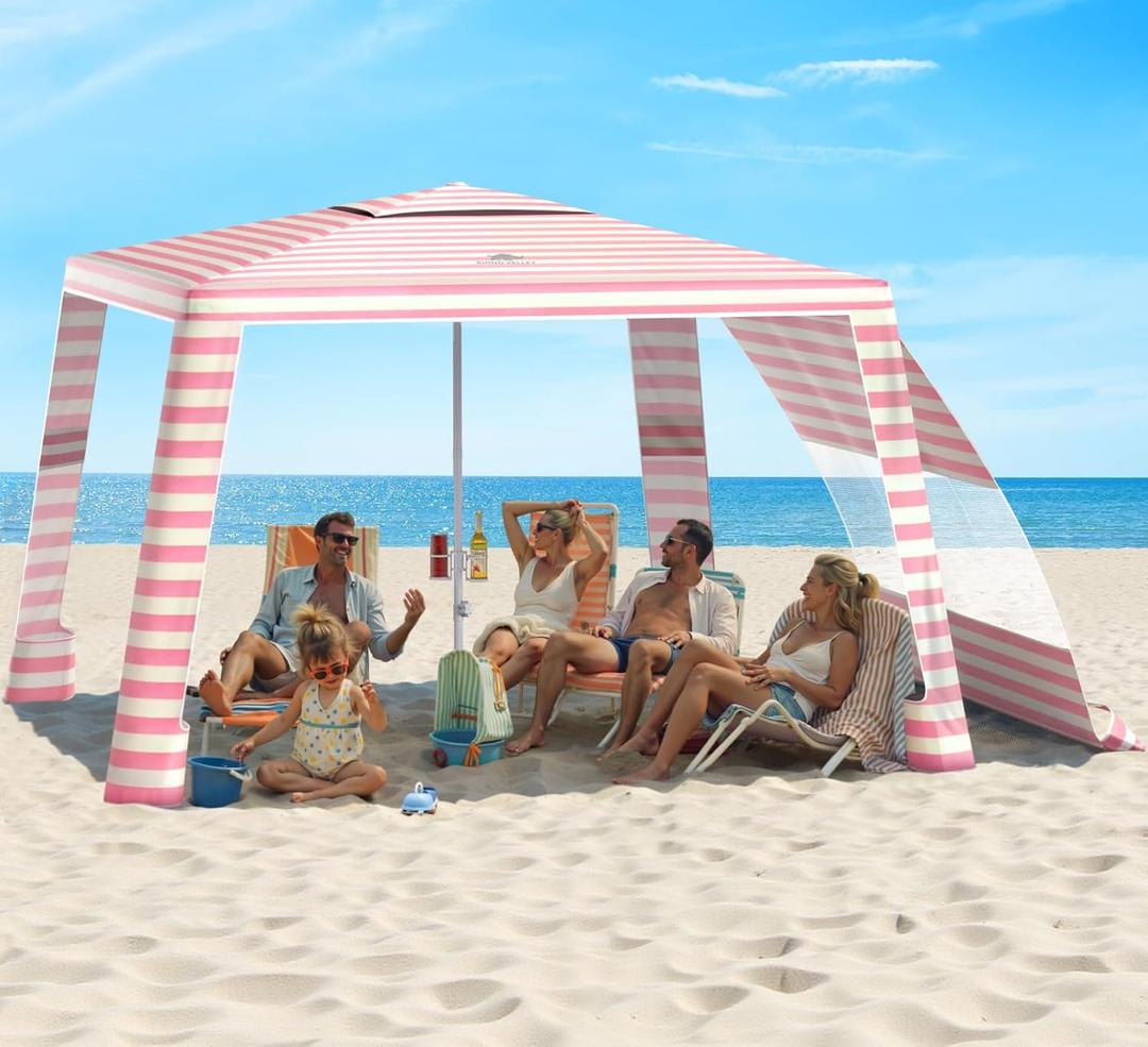 Rhino Valley Beach Cabana, 8 * 8FT Beach Tent UPF50+ Protection, Easy Setup Beach Canopy Wind Resistant with Cup Holder, Compact Beach Shade Foldable Beach Tent Sun Shelter, Pink & White Stripes