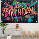 Graffiti Happy Birthday Banner Birthday Party Splatter Graffiti Birthday Decoration Backdrop Photo Booth Photography Background Background Decor for Kids Boy Girls Supplies (71*43 Inch)