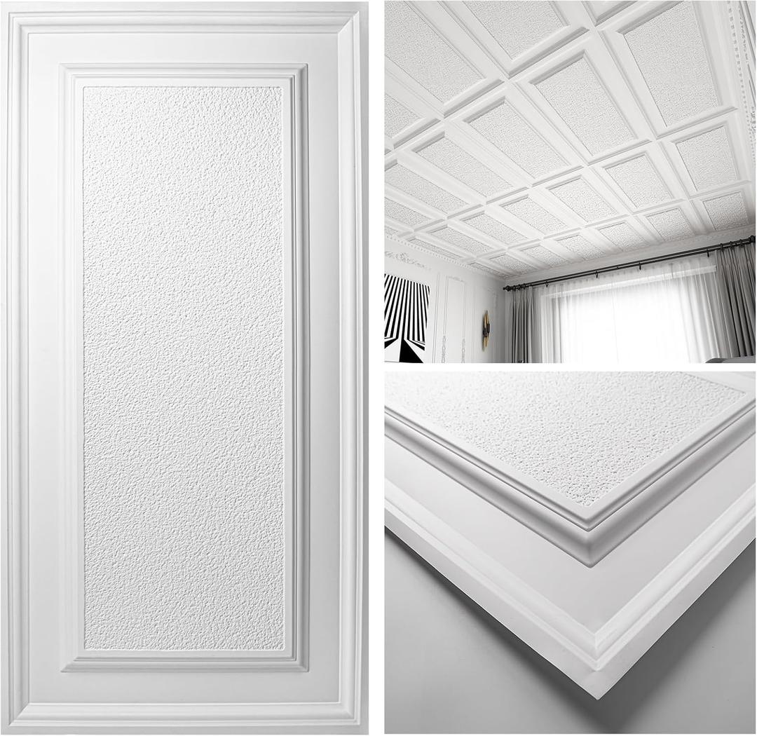 Art3d Drop Ceiling Tiles 24x48 inch White (12-Pack, 96 Sq.ft), 3D Wainscoting Panels Glue Up 2x4 FT, Matt White 