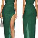 Capuffy Women's Spaghetti Straps Elegant Glitter V-Neck Cocktail Maxi Dress Thigh-High Slit Ruched Bodycon Evening Gown 315 (Large, Green)