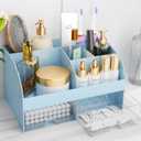 Makeup Organizer with Drawers, Cosmetic Storage for Dresser Vanity and Bathroom Countertop, Beauty Holder for Lipstick Brush, Skincare Organizer for Vanity, Cosmetic Display Case (Blue)