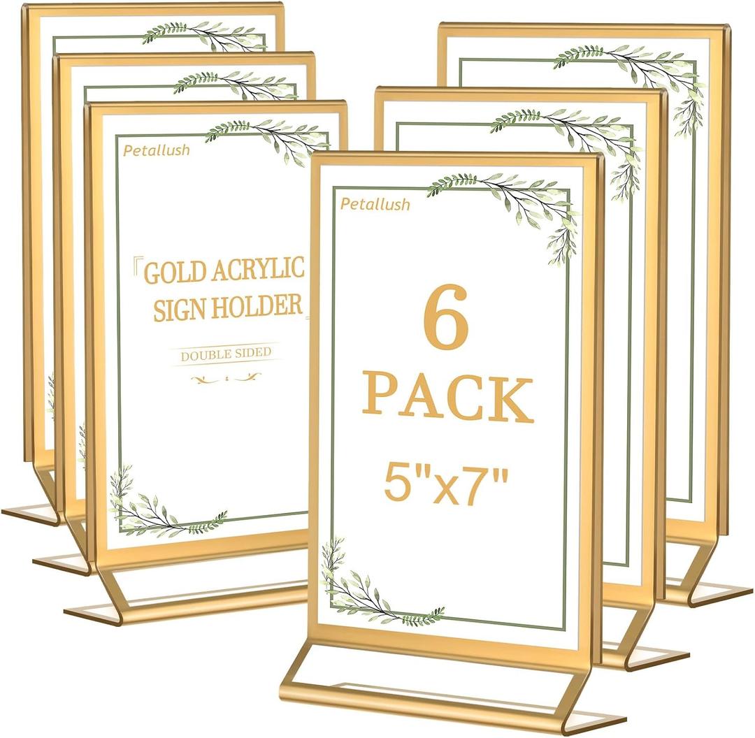 Petallush 6PCS Gold Acrylic Picture Frame Stands Holders for Tables Display 5x7, Double Sided Acrylic Wedding Table Number Sign Holder, Clear Menu Flyer Paper Holder for Wedding Party Decor