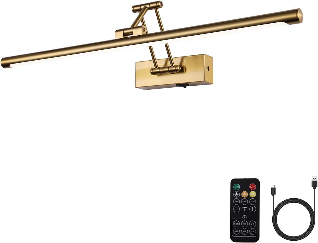 Picture Light Battery Operated with Remote LED Dimmable Picture Light for Paintings, Brass Rechargeable 24 inch Battery Operated Wall Sconce for Art Lighting Gallery Portrait Artwork