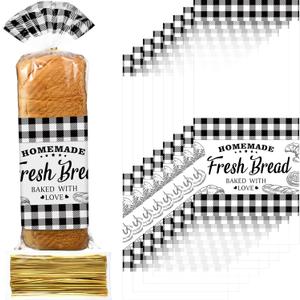 Containlol 100 Pack Bread Bags for Homemade Bread with Twist Ties, Clear Plastic Bakery Bags with Black Buffalo Plaid Design for Sourdough, Cookies, Rolls, Home Bakers Gift Packaging