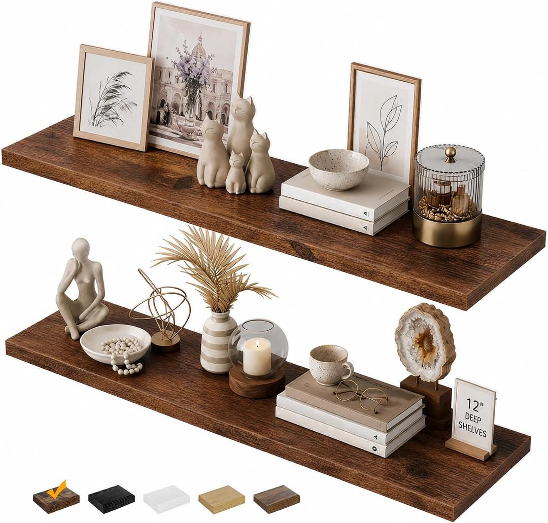 RICHER HOUSE 48Inch Long Floating Shelves, 12" Deep Rustic Wood Wall Shelf