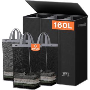 SOLEDI 160L Laundry Hamper 3 Section, Extra Large Laundry Hamper with Lid, Dirty Clothes Hamper with Sturdy Handle, Large Laundry Basket Organizer for Laundry Room, Bedroom, Hampers for Laundry (Black)