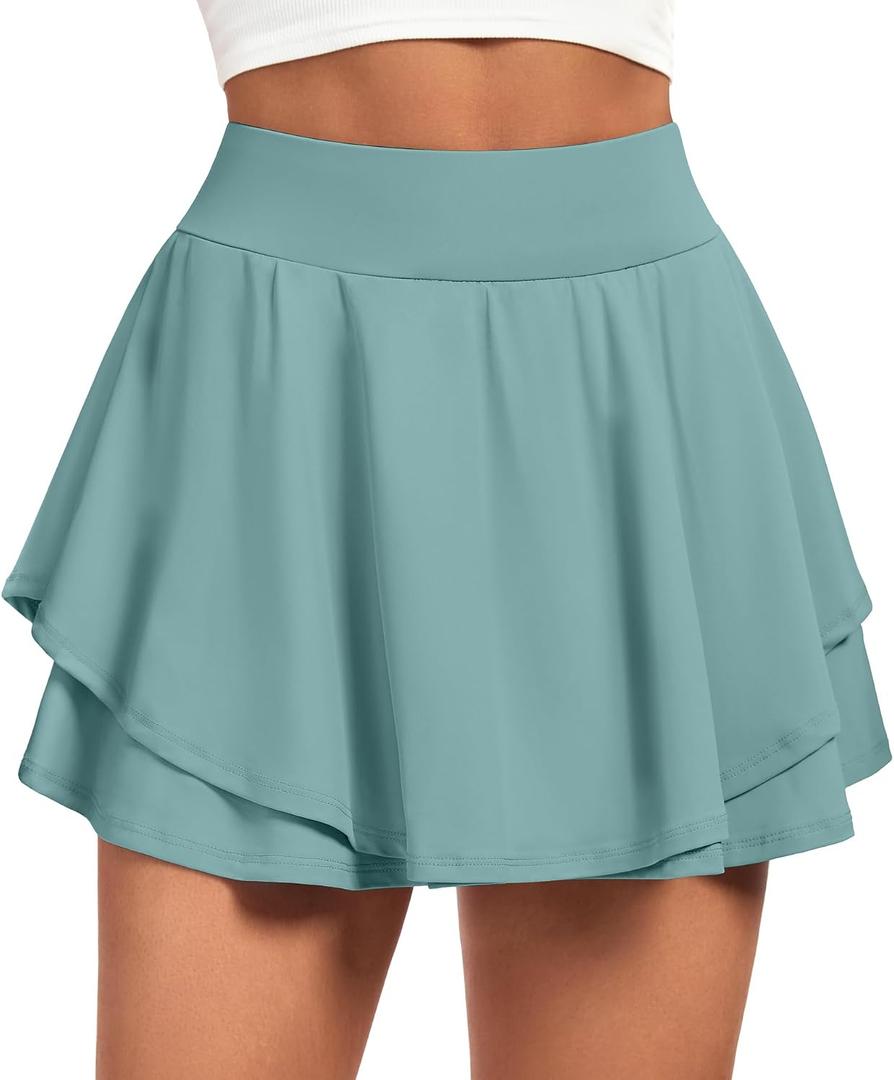 IUGA Tennis Skirt Pleated Skorts for Woman Double Ruffle Golf Skirts for Women Skort with Pockets Tummy Control Athletic, Sage, XL