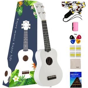 Soprano ukulele for beginner kids with Gig Bag 21 Inch uke for Starter Hawaiian Soprano Ukalalee Polishing adults Basswood 21 Inch uke bundle with Strap Picks Songbook Cleaning Cloth (White)