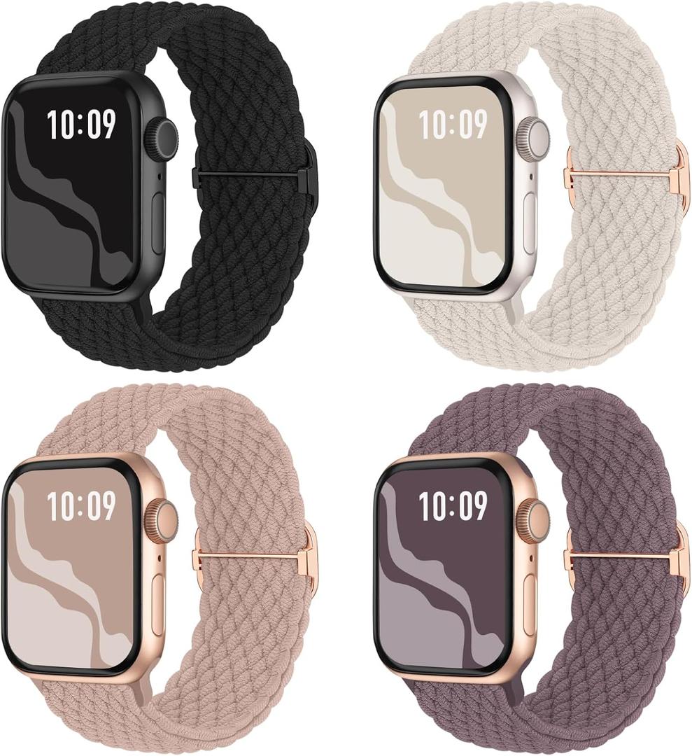 Braided Stretchy Solo Loop Compatible for Apple Watch Band 38mm 40mm 41mm 42mm  for Women Men, Nylon Elastic Straps Wristbands for iWatch Series 11/10 9 8 7 6 5 4 3 SE/Ultra 3 2 1 (Black/Starlight/Nude Pink/Smoke Violet)