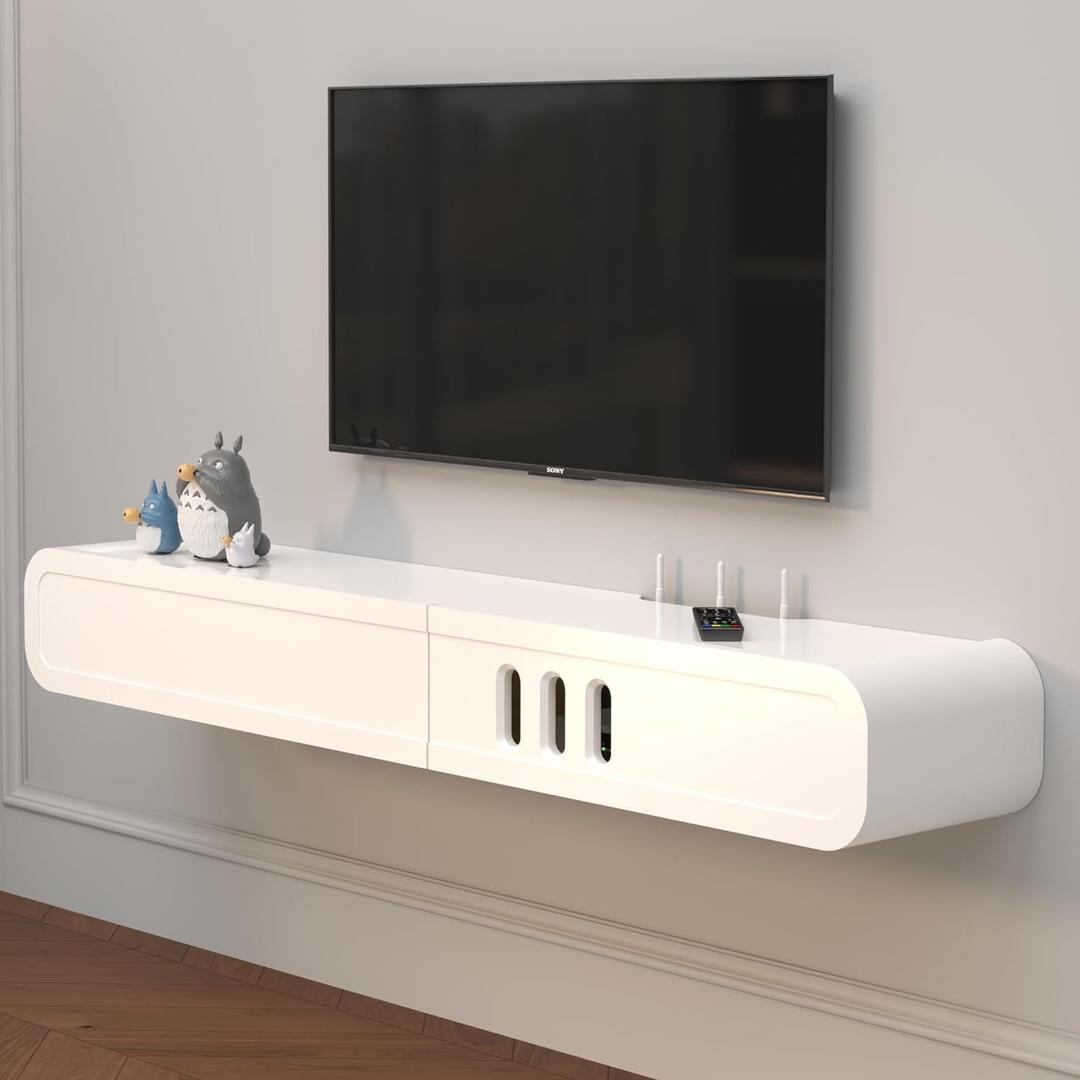 Floating TV Stand in Solid Wood, 52'' High Gloss Wall Mounted TV Cabinet, Floating TV Shelves with 2 Large Doors, Modern Entertainment Media Console Center Under TV (52.36IN)
