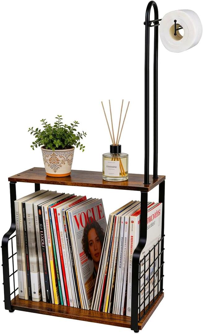 Bathroom Toilet Paper Holder with Storage Shelf, Wall Mount Toilet Paper Holder Stand with Metal Basket, Bathroom Tissue Storage Organizer for Rolls, Magazines Phone & Shower Essentials