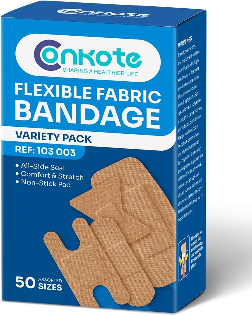 Conkote High Elasticity Bandages - Assorted Sizes for Finger & Knuckle Protection, 50 Count Variety Pack, Latex-Free, Comfort Fit, Long-Lasting Adhesive