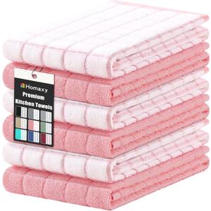 Homaxy Premium Cotton Kitchen Towels 16"x 28", Large Natural Ring Spun 390 GSM Dish Towels, Super Absorbent Terry Kitchen Hand Towels, Soft Tea Towels with Hanging Loop, Pink Check Design, 6 Pack