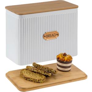 Extra Large Bread Box for Kitchen Countertop Corner Breadbox for Homemade Bread Metal White Vertical Stripe Pattern Embossed Storage Container Bin with Bamboo Lid Fits 2 Loaves of Bread