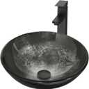 Bathroom Artistic Vessel Sink, Tempered Glass Vanity Round Bowl with Oil Rubber Bronze Faucet and Pop up drain Set, Black