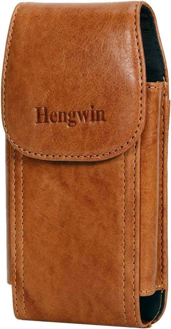 Hengwin Genuine Leather Cell Phone Holster Case with Belt Clip Fit for iPhone 16 Pro Max 15 Pro Max 14 Pro Max 13 Pro Max Samsung Galaxy S25 Ultra S24 Ultra Belt Holder Phone Pouch for Belt (Brown) (Large)