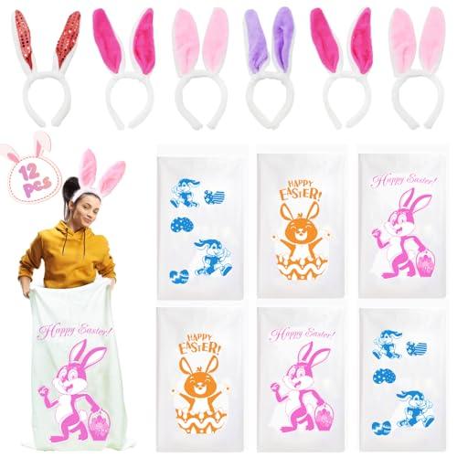 6 Potato Sack Race Jumping Bags with Bunny Ears Headbands，Easter Sack Race for Adults Easter Eggs Hunt Party Supplies Outdoor Family Games
