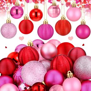 Lunmon 64 Pcs Valentine's Day Ball Ornaments Glitter Red Hot Pink Ornament 1.6/1.97/2.4 Inch Plastic Hanging Decoration Assorted Size Valentines Day Decorations for Home Tree Wreath Party Supplies