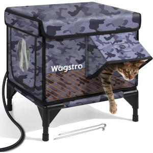 Heated Cat House for Outside, Insulated Weatherproof Heated Outdoor Cat House with Waterproof Eaves & Escape Door, Elevated Outdoor Cat Shelter for Feral Stray Cat (Black Camo, 16.5"x12.6"x16.9")