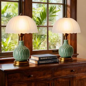 Ceramic Table lamp Set of 2, Modern Bedside Lamps Green Mid Century Vintage Desk Lamp Retro Glass Mushroom Traditional Lamp for Nightstand Living Room Bedroom Home Decor (S03GN-2PACK)